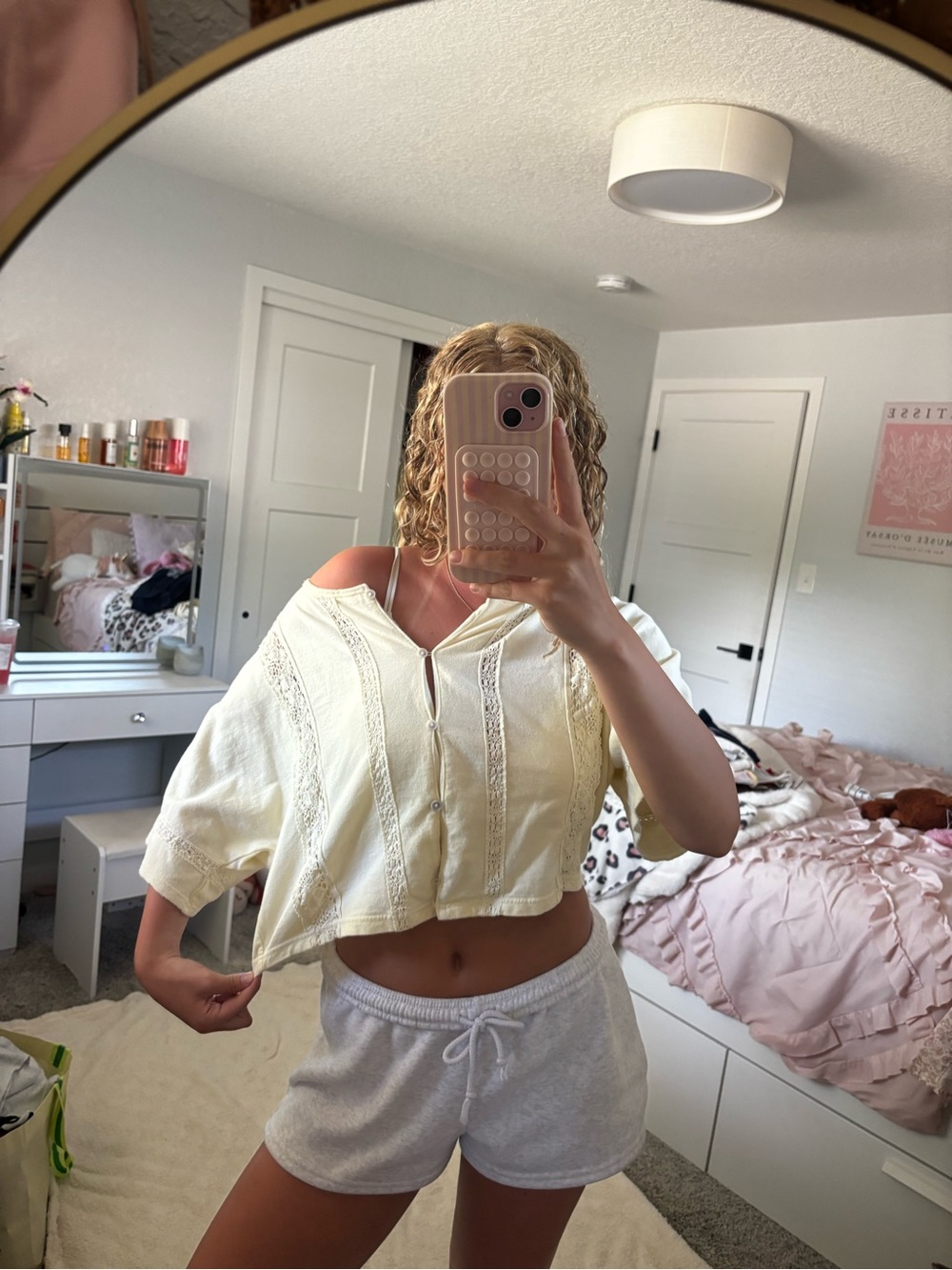 aerie Cream Lace-Trim Cropped Button Top